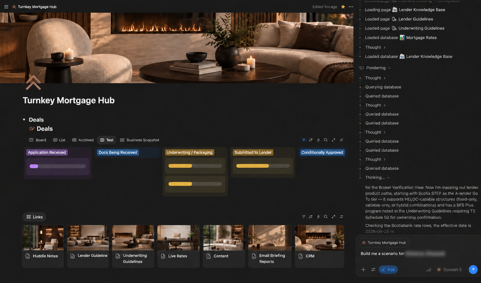 Anonymized Turnkey workspace with deal identifiers removed and illustrative stage progress bars.